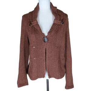 Christopher & Banks Brown Cotton Knit Cardigan Large Button Size Small Studded